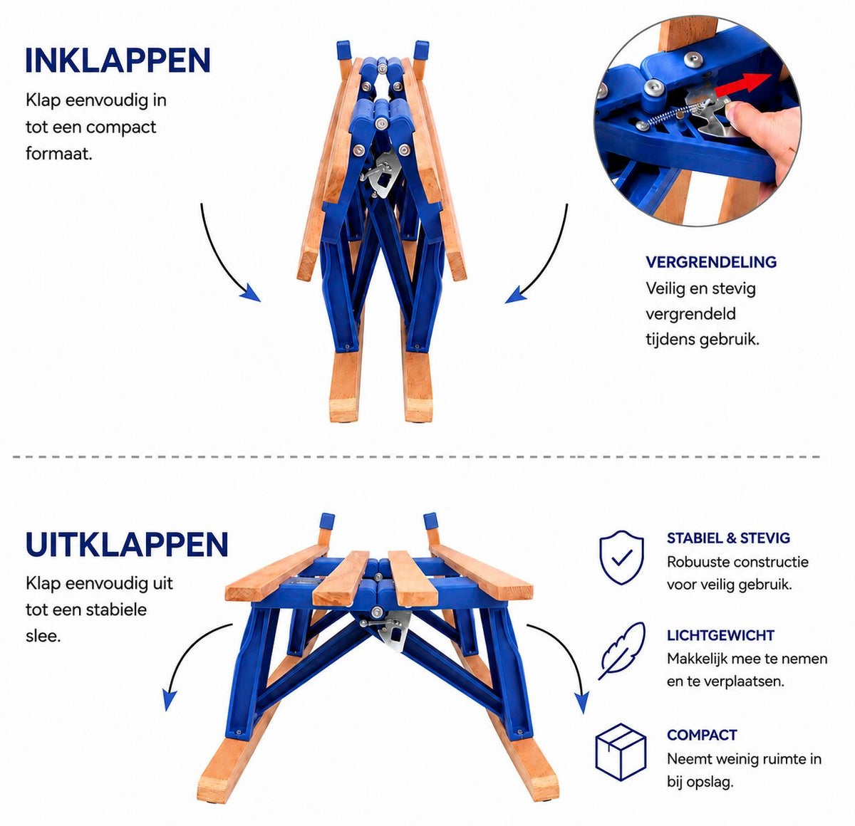 Pro-Snow slee inklappen en uitklappen met detail van de vergrendeling
